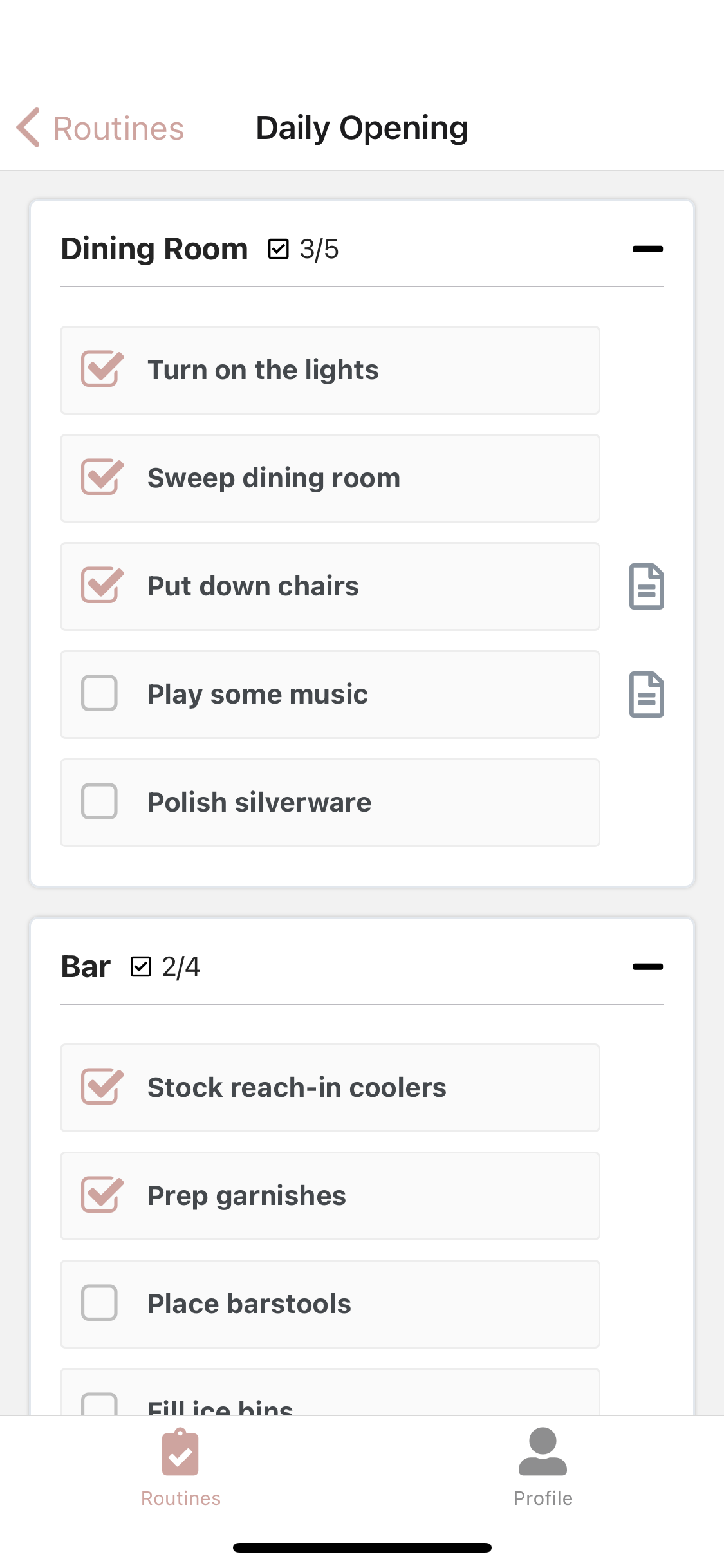 Screenshot of Parfait app showing checklists